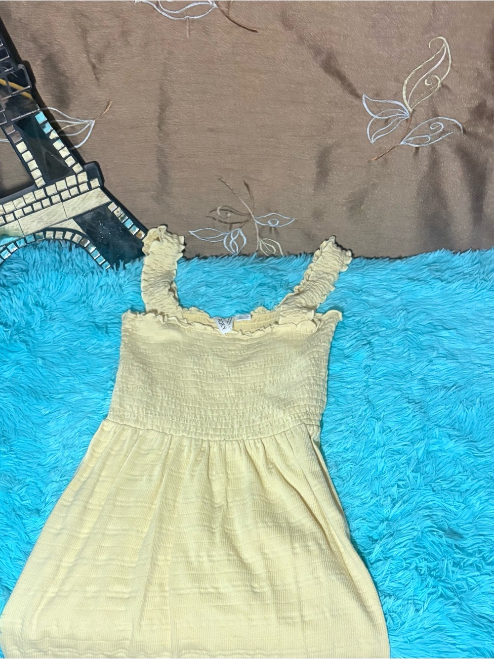 Roxy Pale Yellow Smocked Top with Ruffle Trim Summer Dress Size S 6